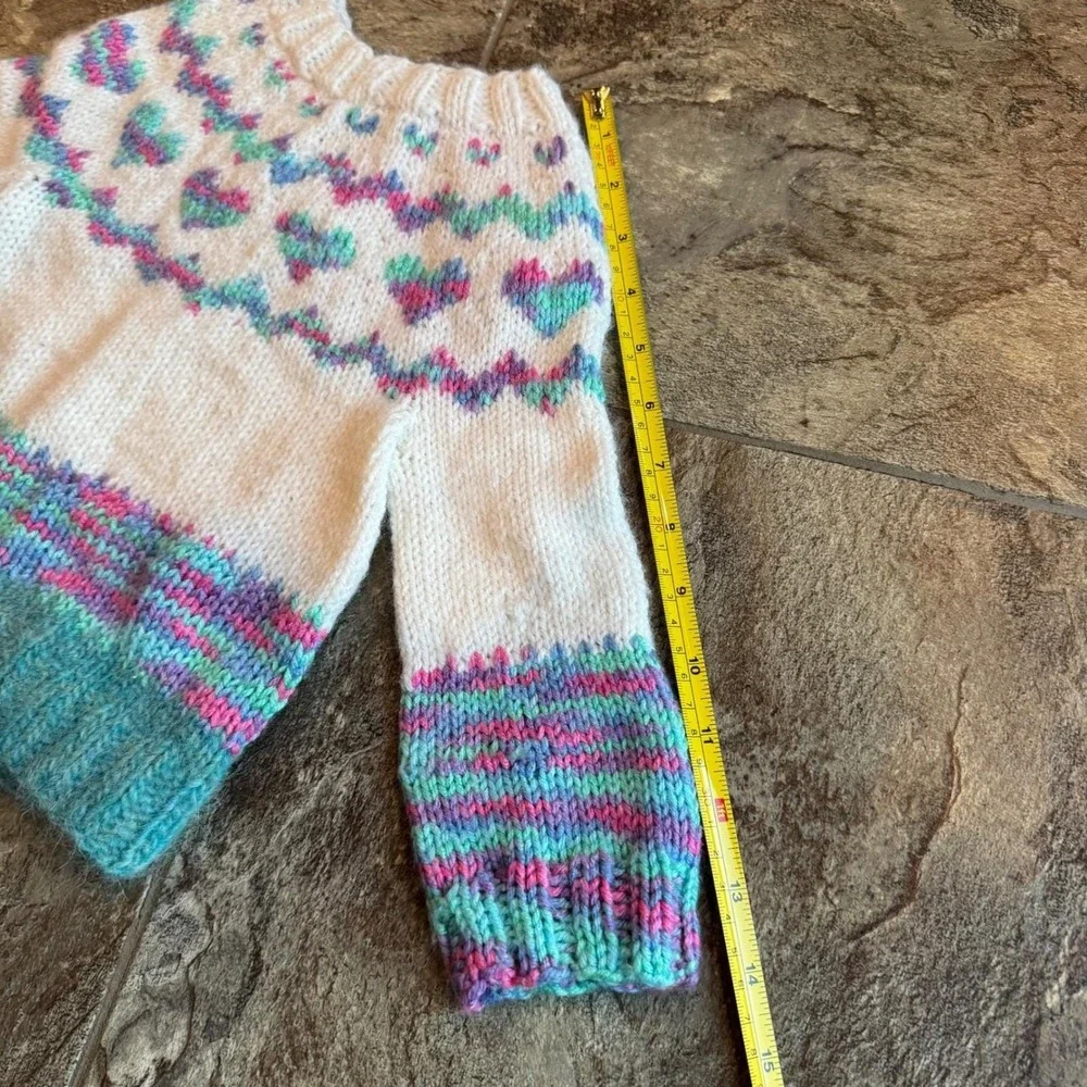 OOAK Hand Knit Handmade Colorful Heart Sweater, Kids Pullover, Cozy Winter Top‎ - Picture 6 of 7